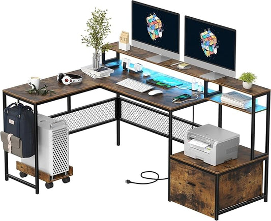 L Shaped Desk with Drawers, 66" Home Office Desk with Power Outlet and Led Strip, Computer Desk with Storage Shelves & Monitor Stand, Large Corner Desk Gaming Desk, Rustic Brown