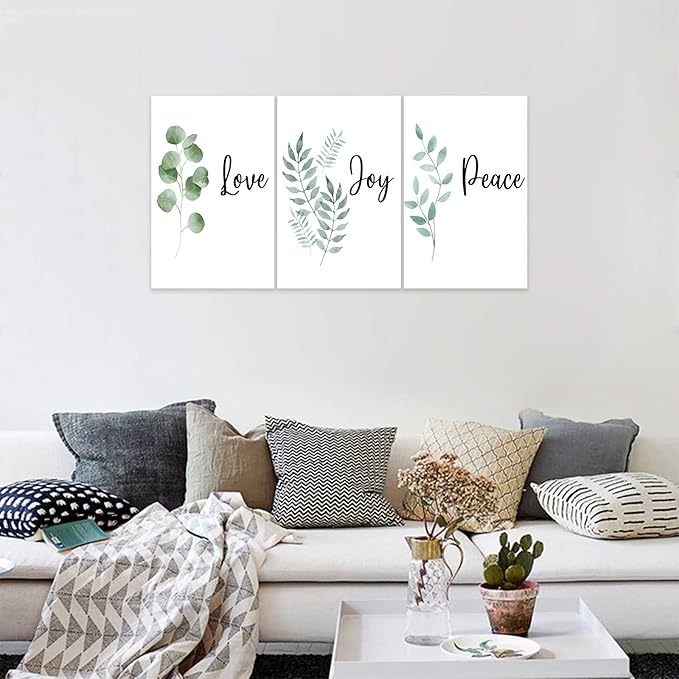 3 Piece Inspirational Wall Art, White Plants Background Picture, Quotes "Love Joy Peace" Canvas Print for Bedroom Decor, Triptych Entrepreneur Painting Framed Artwork for Gym Wall Decor (48"Wx24" H)