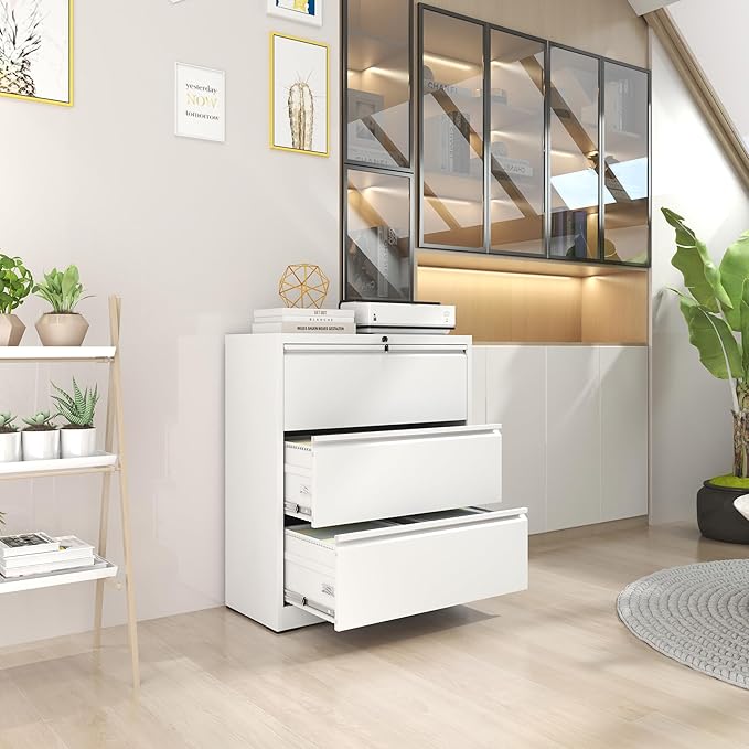 3 Drawer File Cabinet,Metal Lateral Filing Cabinet with Lock,Home Office Storage Organizer Cabinet for Legal/Letter/A4/F4 Size Files,35.5" W,White