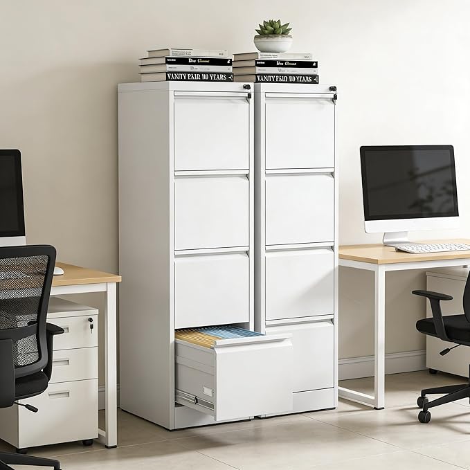 4 Drawer File Cabinet, Metal Vertical Filing Cabinet for Home Office, Locking Steel Easy Assemble 18" D File Cabinets for Legal/Letter/A4/F4 (White)
