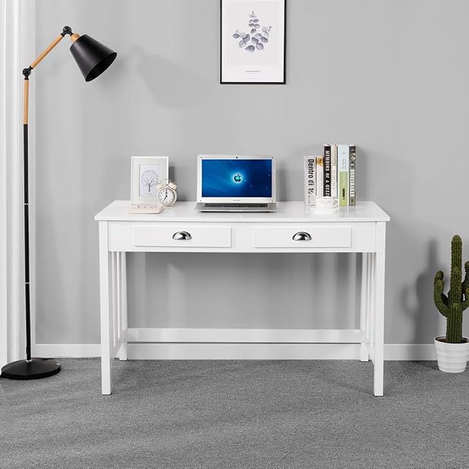 Topeakmart Computer Desk with 4 Drawers and Removable Floating Organizer, Home Office Desk Writing Studying Desk with Large Tabletop, Modern Workstation Gaming Table Secretary Desk for Office, White