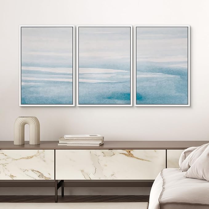 SIGNWIN 3 Piece Framed Canvas Wall Art Blue Sky Watercolor Nature Wilderness Illustrations Abstract Traditional Relax/Calm Home Artwork Decoration for Living Room,Bedroom - 24"x36"x3 White