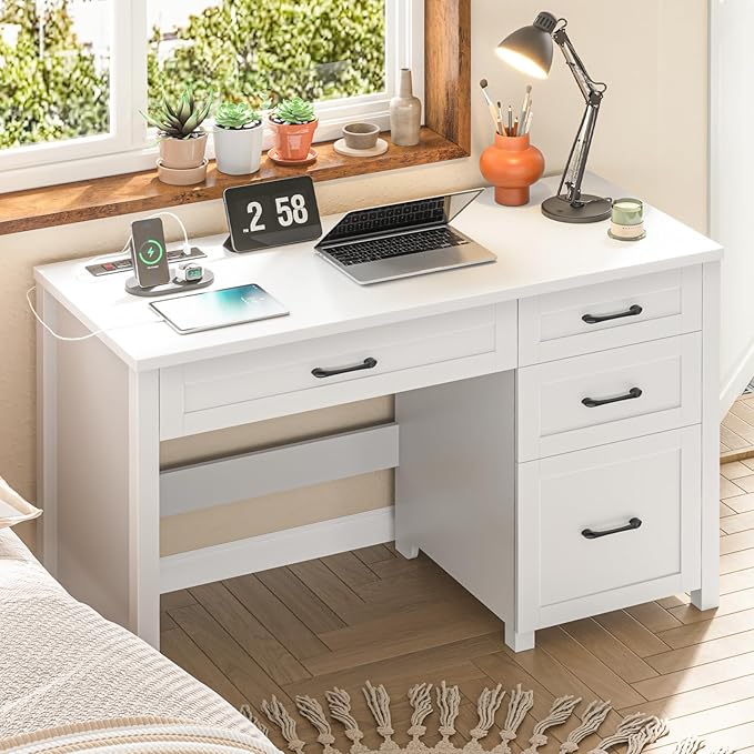 Farmhouse 47" Executive Desk, Computer Desk with File Drawer and Charging Station, Workstation for Home Office, Study.（Cream White