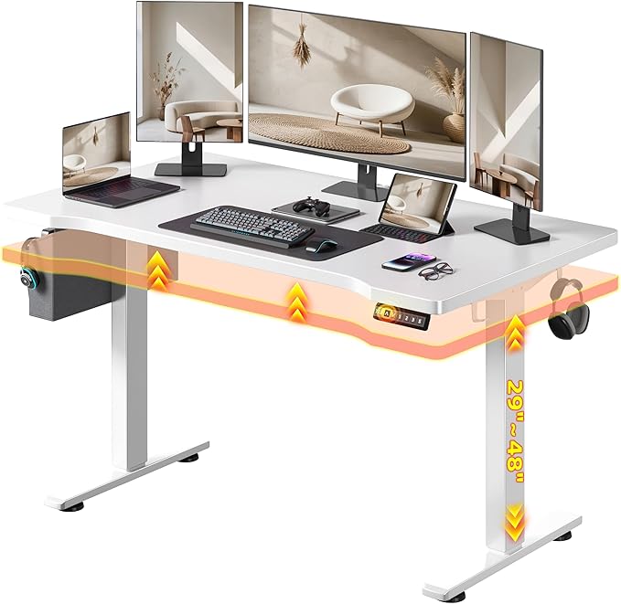 EnHomee Standing Desk with RGB Lights,Adjustable Gaming Desk 48 x 24 Height,Computer Desk with 3 Memory Presets & Ergonomic Curved Top,Sit Stand Office Desk with Storage Bag & Hook,White