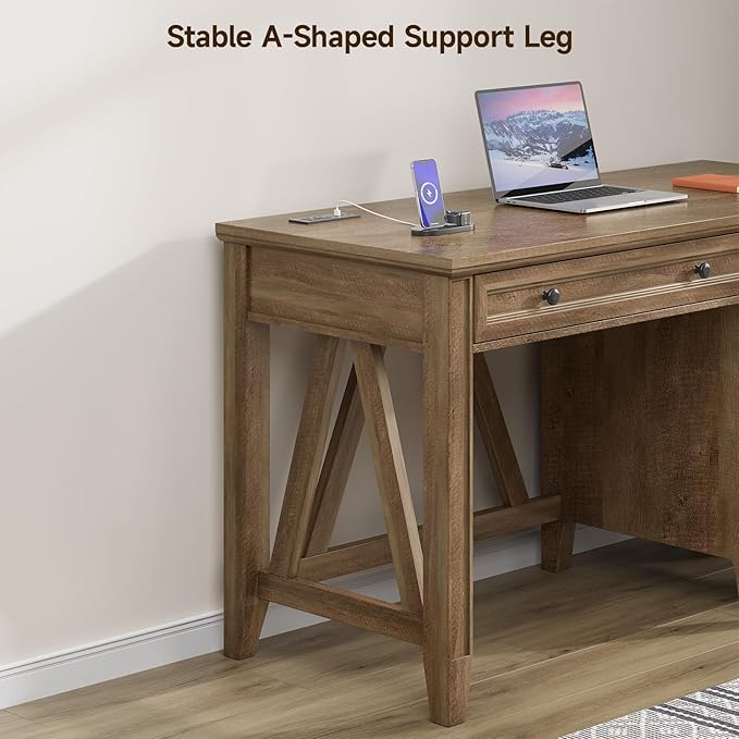 ONBRILL 54 Inch Farmhouse Executive Desk, Computer Desk with Storage Drawers & File Drawer, Modern Home Office Desk with Charging Station for Working, Studying, Writing, Brown (Brown)