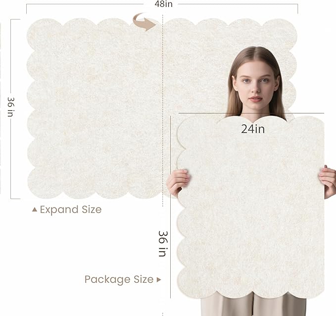 Scalloped Bulletin Board, 48 x 36 Inches Felt Pin Board - Decorative Cork Alternative for Wall, Foldable Picture Self-Adhesive Vision Prayer Board with 20 Pushpins - Oatmeal