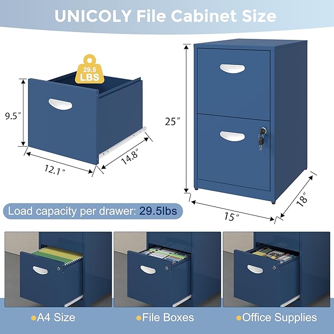 2 Drawer File Cabinet with Lock, Metal File Cabinet for Home Office, Under Desk Storage, Printer Stand, for Letters and File Boxes, Assembly Required, Blue