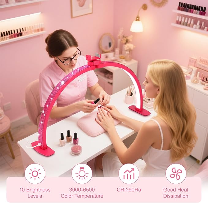 FAHKNS Half Moon Light for Nail Desk with Phone Holder, 29IN Folding Half-Moon Light with Shinning Diamond, LED Lamp for Nail Art, Eyelash Extension, Tattooing, Skin Management, Barbie Pink