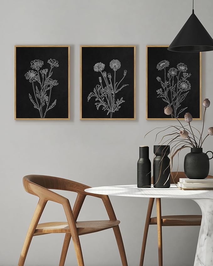 Drsoum Black White Flower Wall Art Vintage Minimalist Floral Wall Hanging Decor Botanical Prints Artwork for Office Dining Room Hallway 11x14in Natural Framed