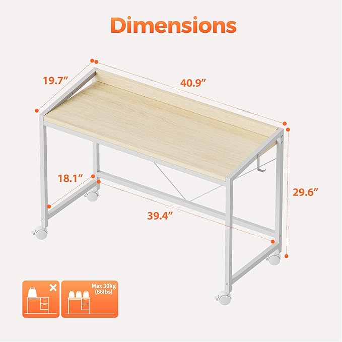 Mericonia 40 inch Rolling Computer Desk with Wheels, Gaming Desk for Small Spaces, Modern Simple Style Table for Home Office, Study Writing Table