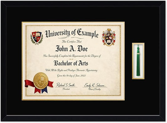 CountryArtHouse Diploma and Tassel Frame Fits 17 x 13 International Diploma with Tassel Hook Matte Black Genuine Hardwood Shadowbox with Black Over Metallic Gold Double mat