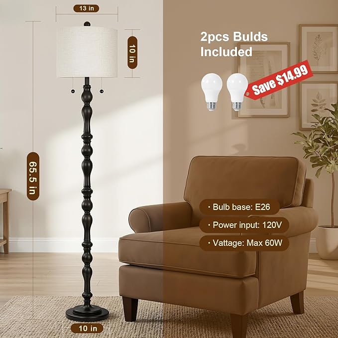 Scenekoy 65.5 Natural Real Wood Rustic Floor Lamp for Living Room Bedroom, Dual Pull Chains Switch, Wooden Base, Retro Farmhouse Tall Standing Lamp with Linen Shade for Living Room Office Home Room