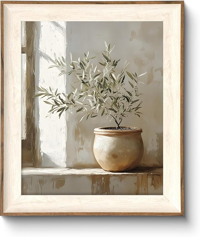 ASTRDECOR Rustic Olive Tree Canvas Wall Art, Vintage Framed Botanical Prints, Neutral Potted Plant Wall Decor for Living Room, Bedroom, Sage Green Painting Organic Farmhouse Artwork 10''x12''