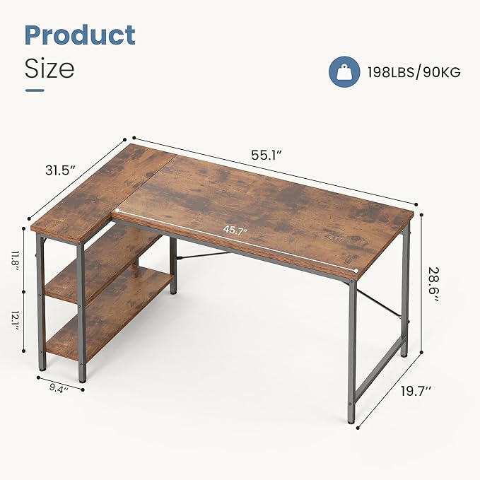 DUMOS L Shaped Desk 55 Inch Computer Desk Gaming Furniture Corner Desks Home Office PC Table with Reversible Storage Shelves for Writing Working Study Bedroom Dorm, Rosewood