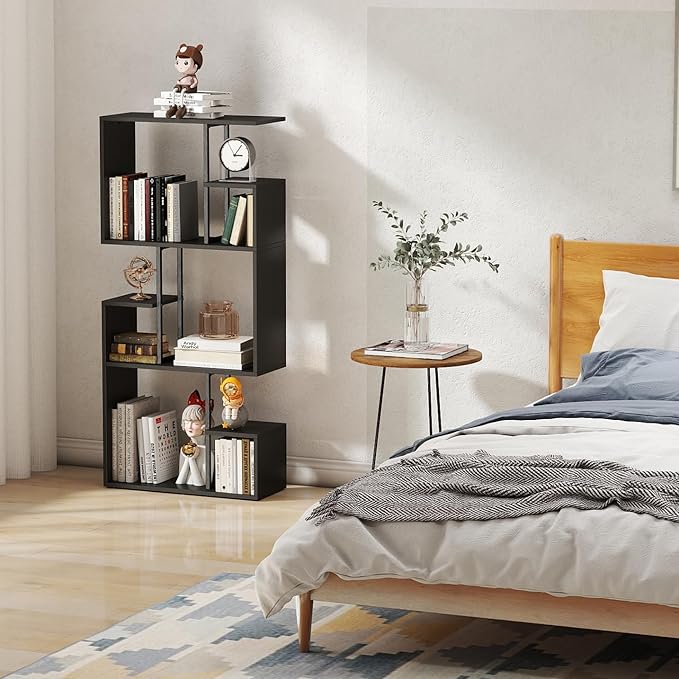 Manora 3 Tier Geometric Bookcase, S Shaped Bookshelf, Modern Black Brown Bookcase with Tall Display Shelves, Decorative Storage Shelf for Living Room and Bedroom