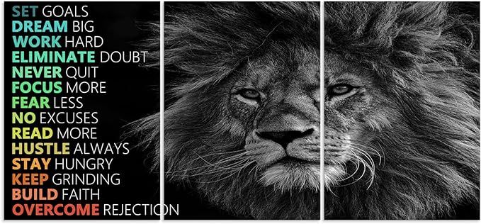 Office Wall Decor 3 Panels Inspirational Lion Canvas Wall Art Motivational Entrepreneur Quote Canvas Print Paintings Posters Artwork Living room Home Decor Framed Ready to Hang[60''Wx 28''H]