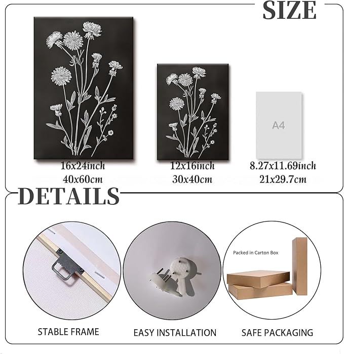 KISSFOX Floral Botanical Canvas Wall Art Vintage Black Background Plant Poster Prints Set of 3 Framed Grey and White Wildflower Painting Modern Farmhouse Decor Pictures Living Room Bathroom Bedroom(Black Floral, 12"x16" Canvas)