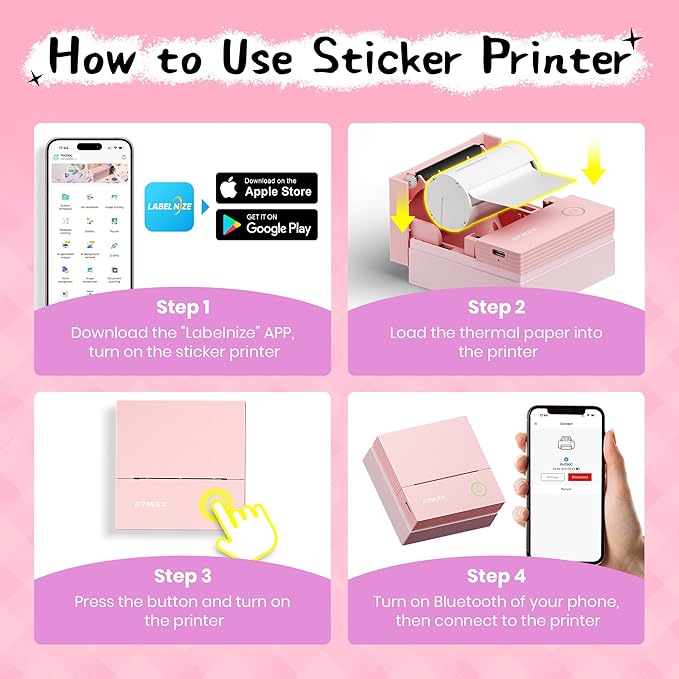 Sticker Printer, PM290C Thermal Mini Printer, Bluetooth Print Pod with 3 Rolls of Paper, Portable Print Pods for Phone & Tablet, Sticker Maker Machine for Notes, Photos, Journal, Rose Pink
