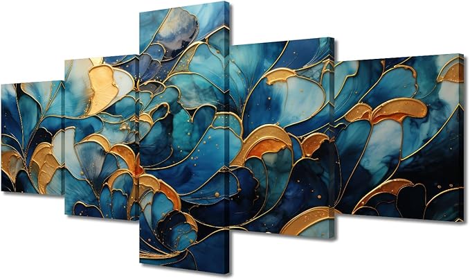 Canvas Wall Art Decor for Men Modern Abstract Wall Art Blue and Gold Flower Marble Poster Prints on Canvas 5 Panel Living Room Wall Art for Room Home Decor Stretched Ready to Hang 50x24 in
