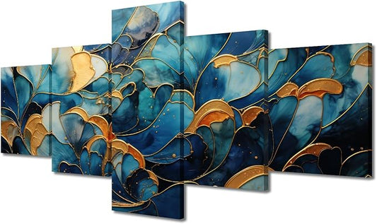 Canvas Wall Art Decor for Men Modern Abstract Wall Art Blue and Gold Flower Marble Poster Prints on Canvas 5 Panel Living Room Wall Art for Room Home Decor Stretched Ready to Hang 50x24 in