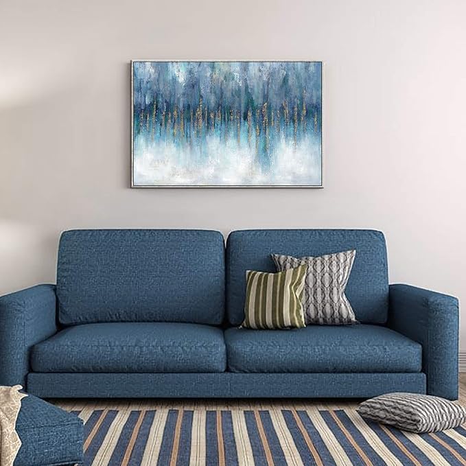 Blue Abstract Art Canvas Painting: Hand Painted Heavy Textured Gold Foils Champagne Wall Art Framed for Walls (45'' x 30'' x 1 Panel)