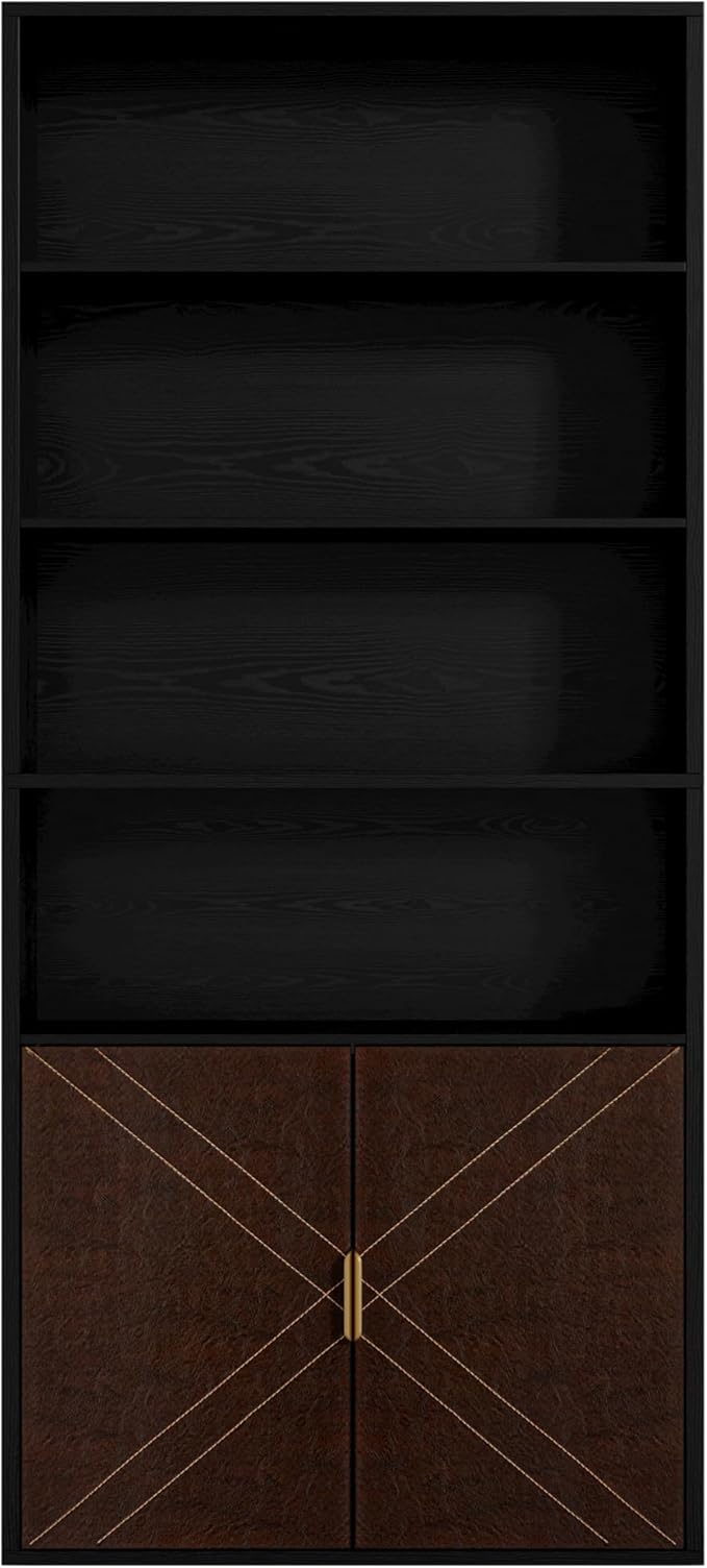 IRONCK Book Shelf and Bookcase with Leather Doors, 70" Tall Bookshelf, 6 Tier Display Case Floor Standing for Home Office, Living Room, Black