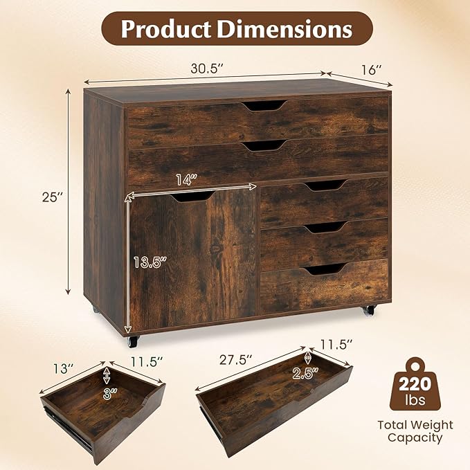 File Cabinet, 5 Drawer Filing Cabinet with Door, Mobile Storage Organizer, Wooden Printer Stand on Wheels for Study Home Office Living Room (Rustic Brown)