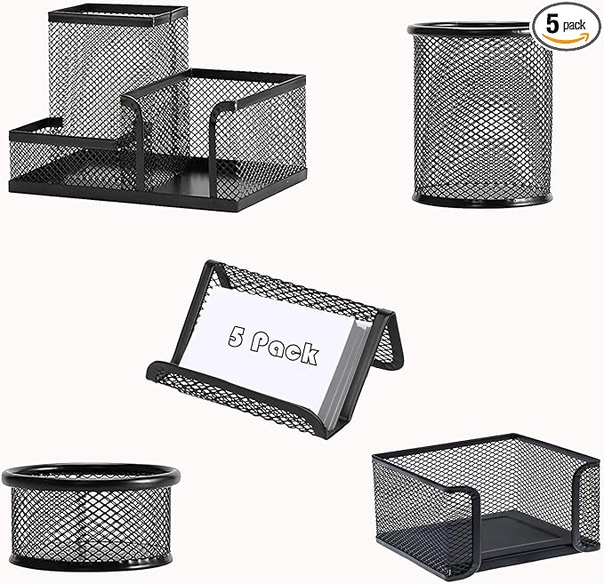 Moonlik Desk Organizers and Accessories Set, Mesh Pen Holder,Office School Home Desktop Supplies for Clip Phone Sticky Notes,Mail, Caddy Storage Baskets(Black,5 Piece Set)