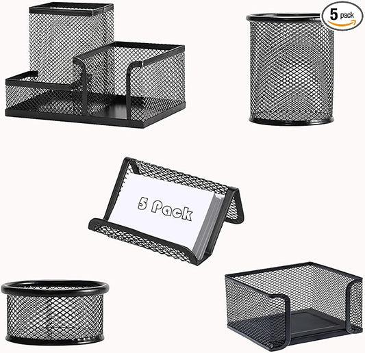Moonlik Desk Organizers and Accessories Set, Mesh Pen Holder,Office School Home Desktop Supplies for Clip Phone Sticky Notes,Mail, Caddy Storage Baskets(Black,5 Piece Set)