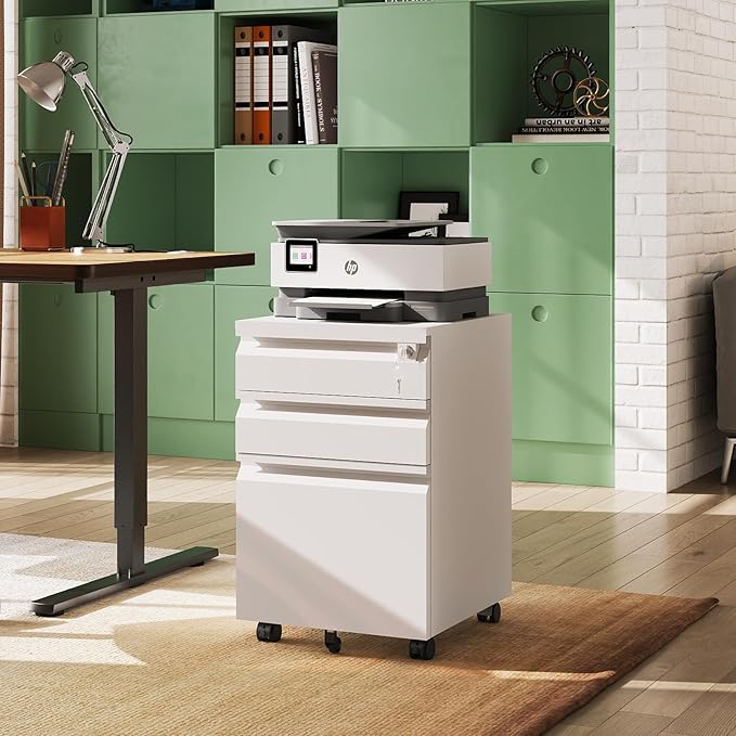 DEVAISE 3-Drawer File Cabinet with Lock & Wheels, White Metal Filing Cabinet for Home Office, Under Desk Storage, Mobile Vertical Organizer Fits Letter/A4, Requires Installation (17" D x15 W x24 H)