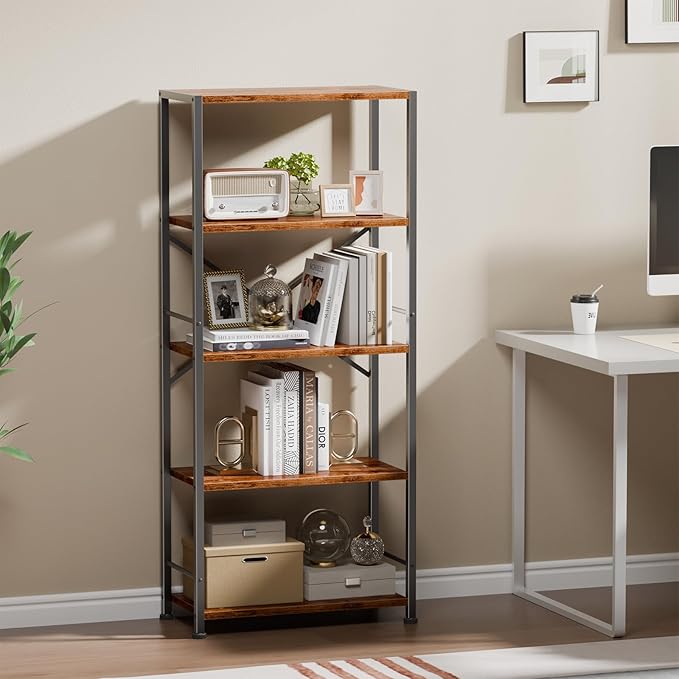 Furologee 5 Tier Book Shelf, Tall Wide Bookshelf, Industrial Open Bookcase, Display Shelves Storage Organizer, Shelving Unit for Living Room, Home Office, Bedroom, Rustic Brown