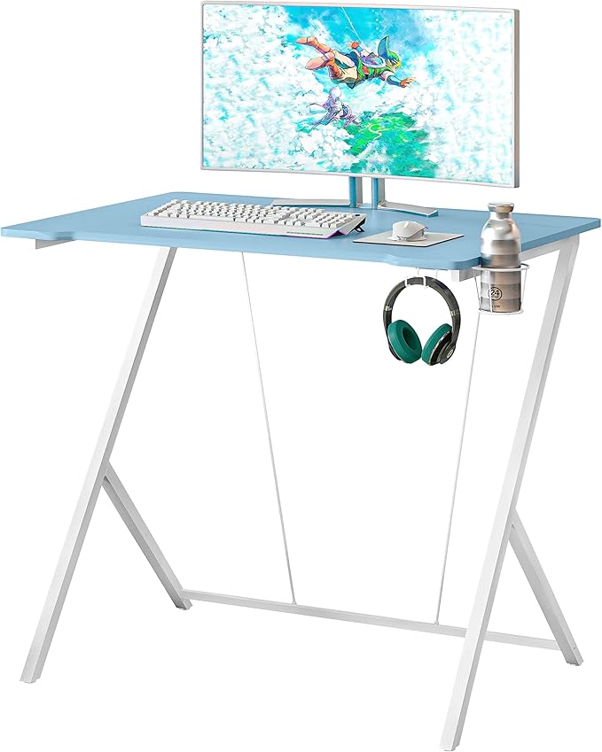 Techni Mobili Blue Gaming Desk - Small Gaming Desk with Cup & Headphone Holder - 31.5" Wide Blue Laminated Desktop Surface with Back Cable Management Opening - Student Desk for Bedroom