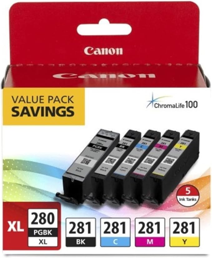 Canon TR8620a All-in-One Printer Home Office | Copier, Black & Ink 1432C002 Photo Paper Plus Glossy II 5" x 7" 20 Sheets & PGI-280XL/CLI-281 5 Color Pack