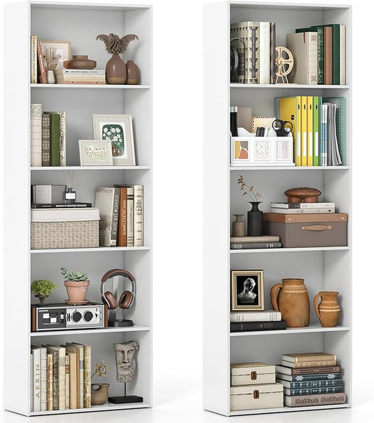 Giantex 5-Tier Bookshelves Set of 2, Freestanding Tall Bookcase with 5 Open Compartments, Modern Storage Organizer, Display Shelving Unit for Living Room, Bedroom, White