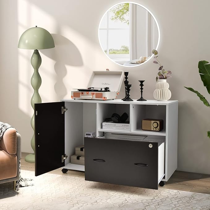 Lateral File Cabinet with Lock, Filing Cabinet for Legal/Letter/A4 Size Files, 40” Printer Stand with Open Storage Shelves for Home Office, Mobile File Cabinets on Wheels
