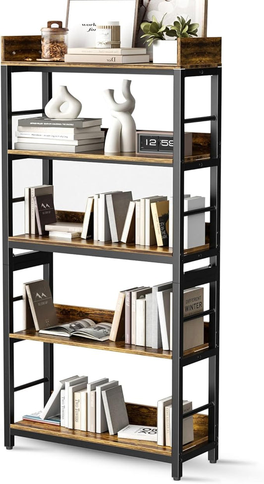 Aquzee Bookshelf, 66" H 5-Tiers Heavy Duty Industrial Shelving Wood & Metal Bookcase, Rustic and Black Tall Shelf Units for Home, Office, Living Room
