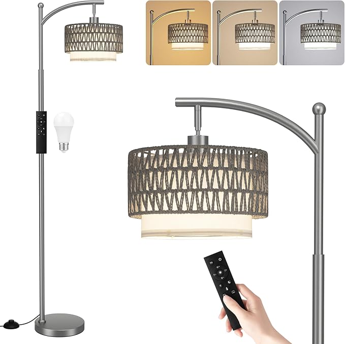 Ambimall Arc Floor Lamp for Living Room with Remote, Color Temperature & Brightness Adjustable, Boho Standing Lamp with Rattan & Fabric Double Drum Shades, Bulb Included(Deep Gray)