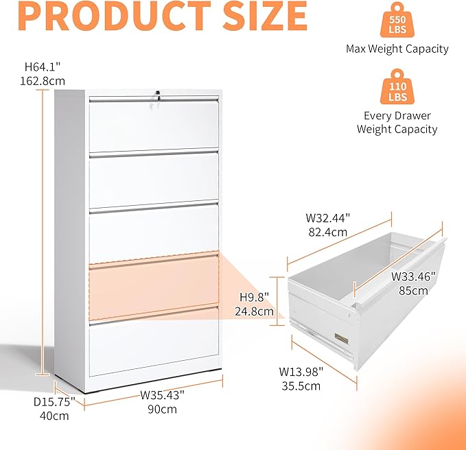 5 Drawer Lateral File Cabinet with Lock for Home Office Metal Filing Cabinet with Adjustable Hanging Rails Horizontal Filing Organization Storage Cabinet for Letter/Legal/A4/F4 Size White