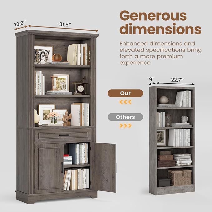 SEDETA Farmhouse Bookshelves and Bookcases with Doors and Drawer, Bookshelf with Storage, Floor Standing 6 Shelf Display Storage Shelves 70 in Tall Bookshelf for Home Office, Living Room, Grey