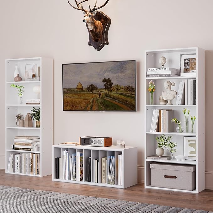 5-Tier Bookshelf & Bookcase Set of 2, Floor Standing Open Book Shelf, Wooden Display Storage Shelves with Anti-Tipping Device, 60" Tall Bookshelves for Bedroom, Living Room and Office, White