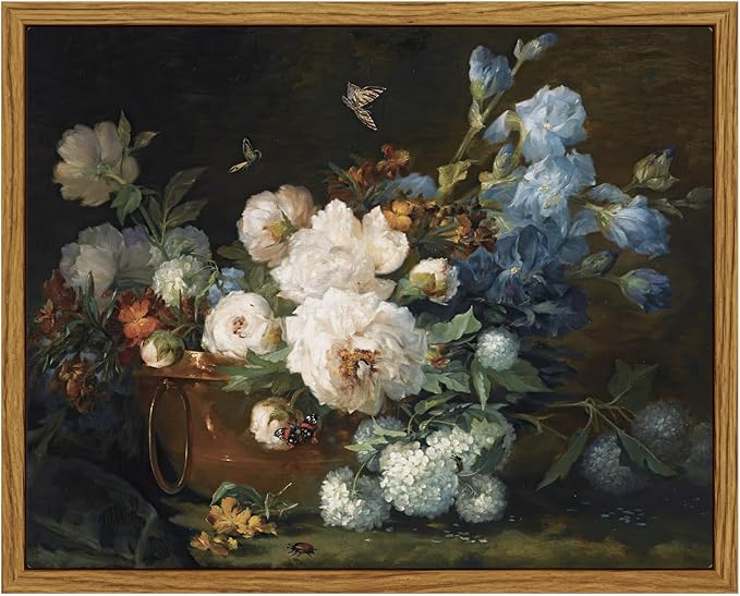 ARPEOTCY Vintage Framed Canvas Wall Art, Bathroom Hydrangea Peonies Floral Pictures Retro Wall Prints Decor, Bedroom Living Room Flower Paintings Farmhouse Moody Decor, 8x10 Inch