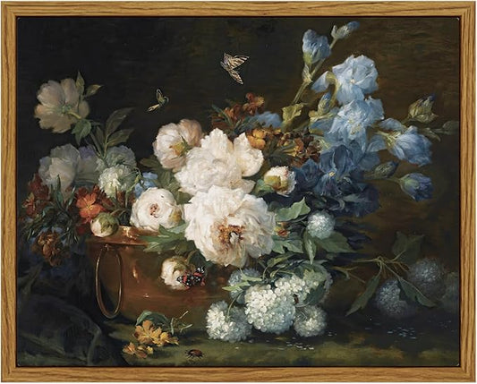 ARPEOTCY Vintage Framed Canvas Wall Art, Bathroom Hydrangea Peonies Floral Pictures Retro Wall Prints Decor, Bedroom Living Room Flower Paintings Farmhouse Moody Decor, 8x10 Inch