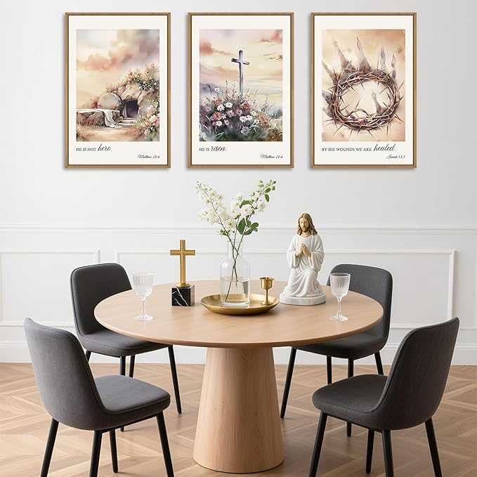 Ausril 3 Pcs Christian Cross Framed Wall Art Set, Jesus Empty Tomb Canvas Decor, Christian Religious Bible Painting, Jesus Crucifixion Risen Easter Print for Living Room, Bedroom, Church 16X24inch