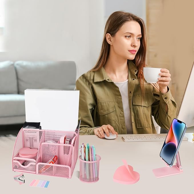 Desk Organizers and Accessories, Office Supplies 15PS Set with Stapler, Staple Remover, Pen Holder, Clips Set, Tape Dispenser, Tape, Phone Holder, 1000 Staples, Ruler, Scissors （Pink）