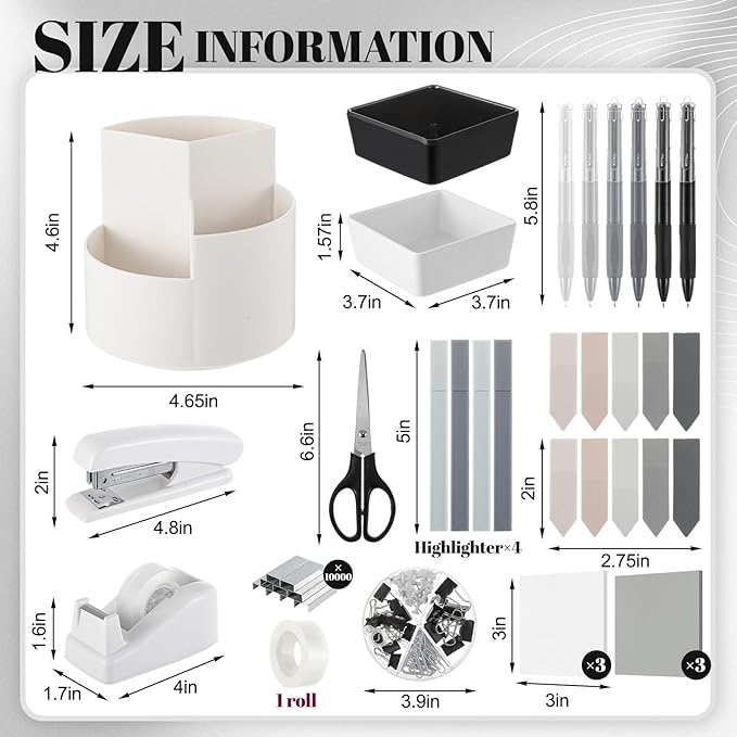 Kosiz 27 Pcs Black White Desk Accessories Gift for Aesthetic Desk Organizer Neutral Office Supplies Pen Holder Stapler Binder Sticky Notes Paper Clips Scissor Staples for Women(Classics)
