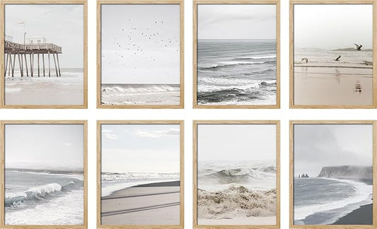 SIGNWIN Poster Wall Art Set of Minimal Ocean Beach Seashore Coastals, White Minimalist California Ocean Beach Seashore Pier Nature Wilderness for Living Room, Bedroom, Office - 12"x16"x 8