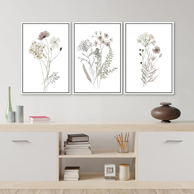MUDECOR Framed Canvas Print Wall Art Watercolor Wildflower Art Print, Floral Botanical Prints, Minimalist Art, Modern Farmhouse for Bedroom - 16"x24"x3 White