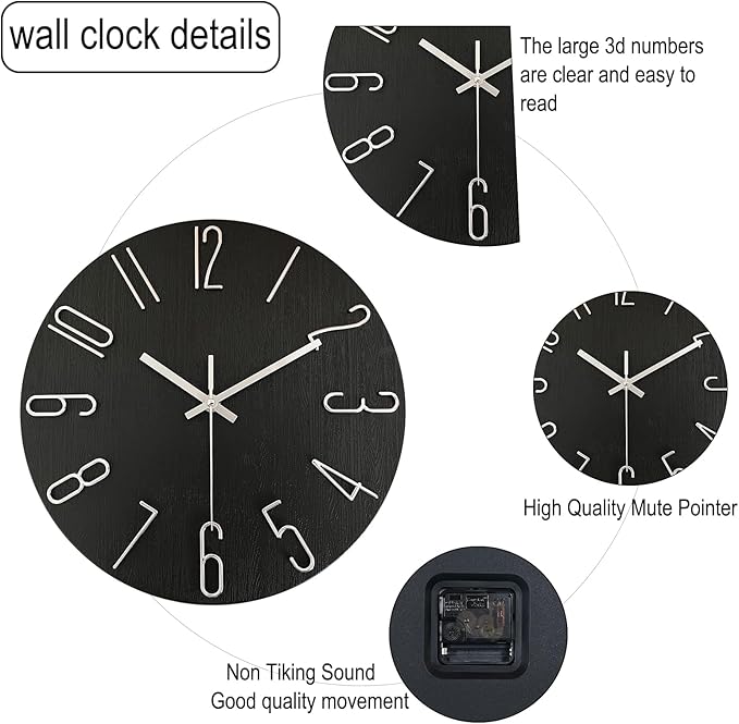 AIRUIFU Wall Clock 12 Inch Silent Non-Ticking Modern Clocks Battery Operated - Analog Small Classic for Office, Home, Bathroom, Kitchen, Bedroom, School, Living Room(Black)