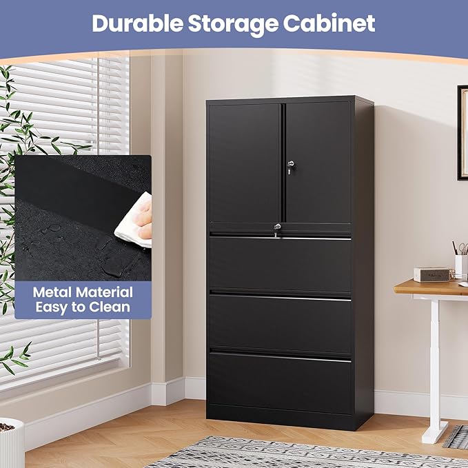 3 Drawer Lateral File Cabinet, Office Storage Cabinet with 3 Wide&Deep Drawers and Locking Doors, Black Metal Cabinet with Adjustable Shelves for Home Office, Fits A4/Letter/Legal Size Folders