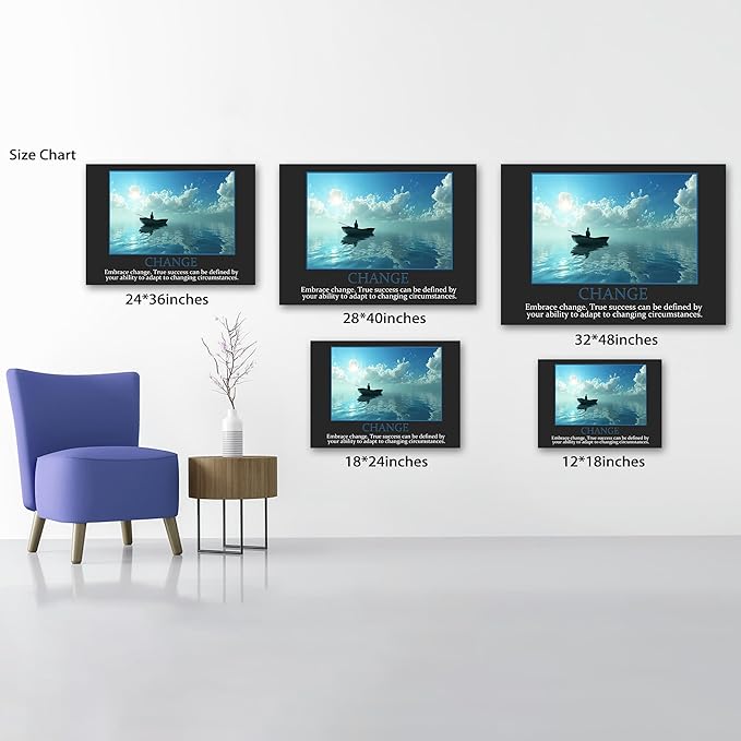 UZMKM - Inspirational Wall Art, Black Background Motivational Mindset Change Picture, Quote Saying Canvas Print for Home Office Decor, Company Poster Framed Artwork for Office Wall Decor 12x18 Inch